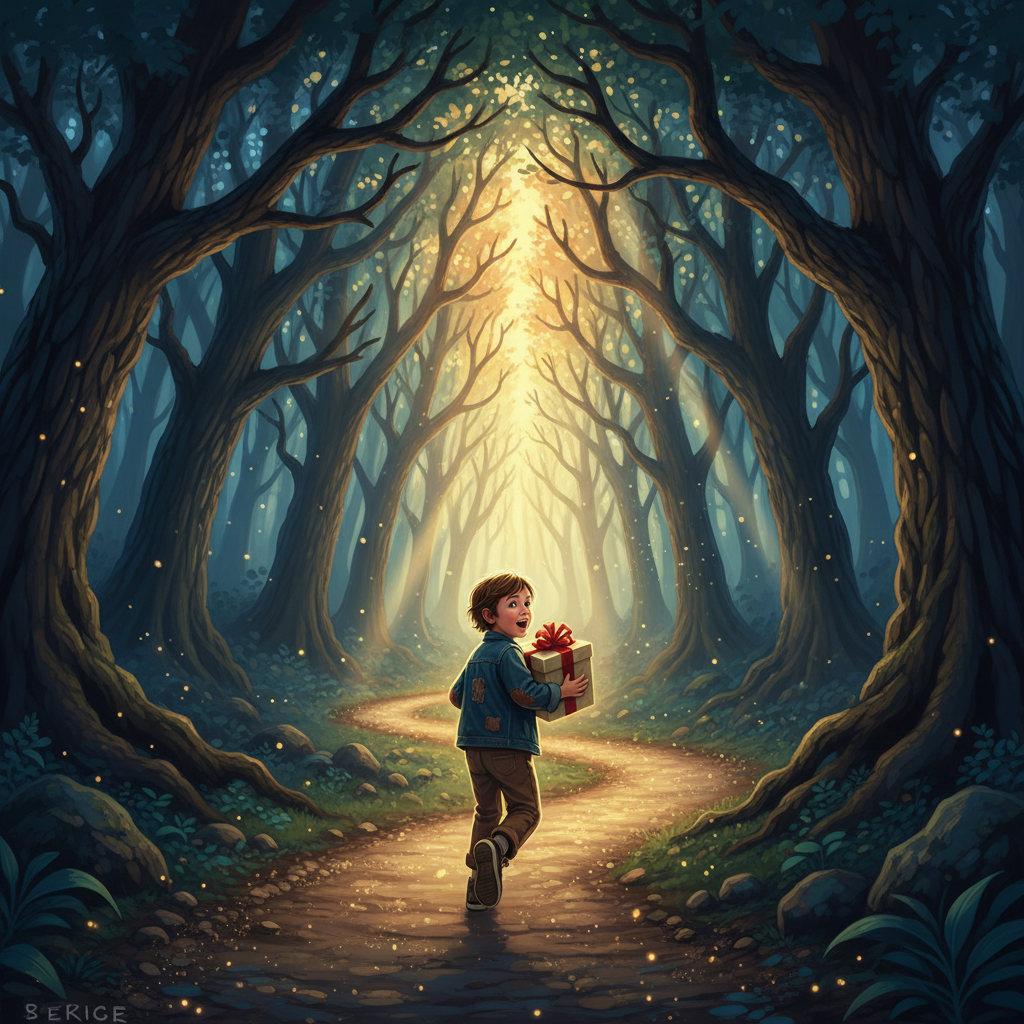 A child racing up a sun-dappled forest path, carrying a glowing last-minute gift, symbolizing the joy and possibility in quick, meaningful giving.