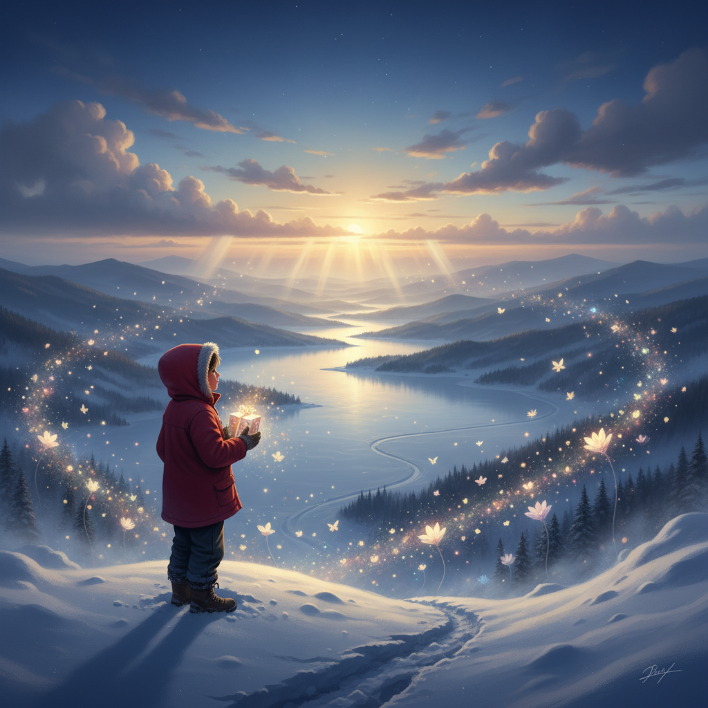 A hopeful child with a glowing package on a winter morning, symbolizing magical last-minute gifts for kids