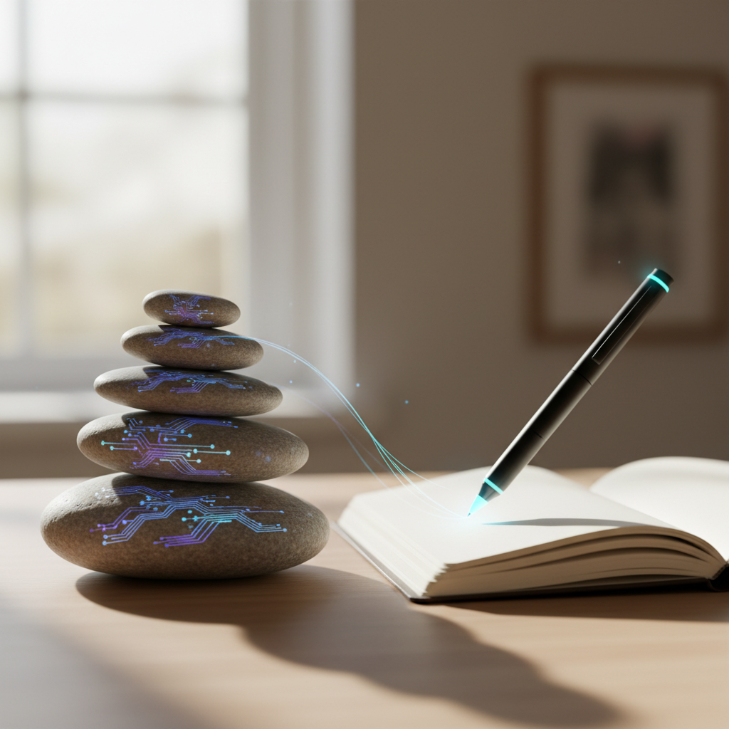 Stacked stones with glowing circuitry, symbolizing leadership growth beyond job titles
