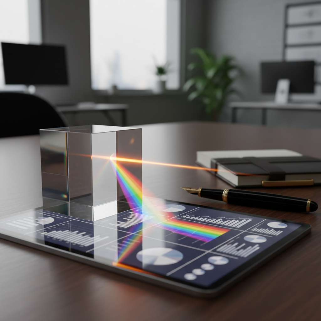 A prism splitting light into a spectrum across data charts, symbolizing leadership clarity through metrics.