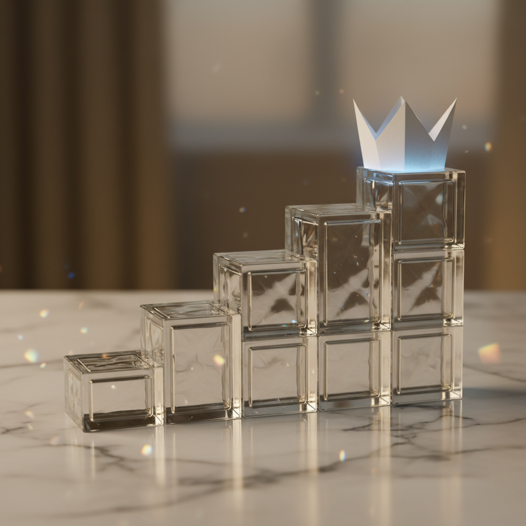 Ascending transparent glass blocks forming a staircase, topped with a glowing AI-blue origami crown symbolizing leadership without formal title.