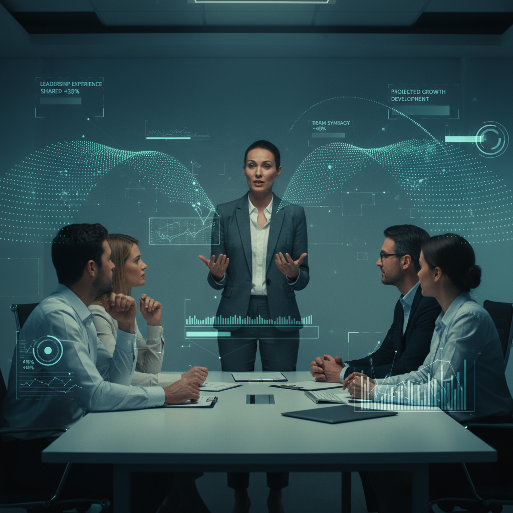 Team leader sharing experiences with team in futuristic office scene, holographic graphs showing impact