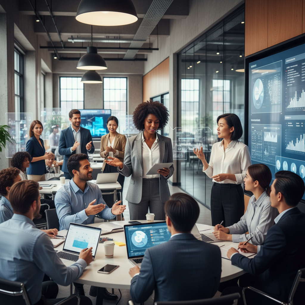 Diverse professionals demonstrating collaborative leadership styles in a modern office