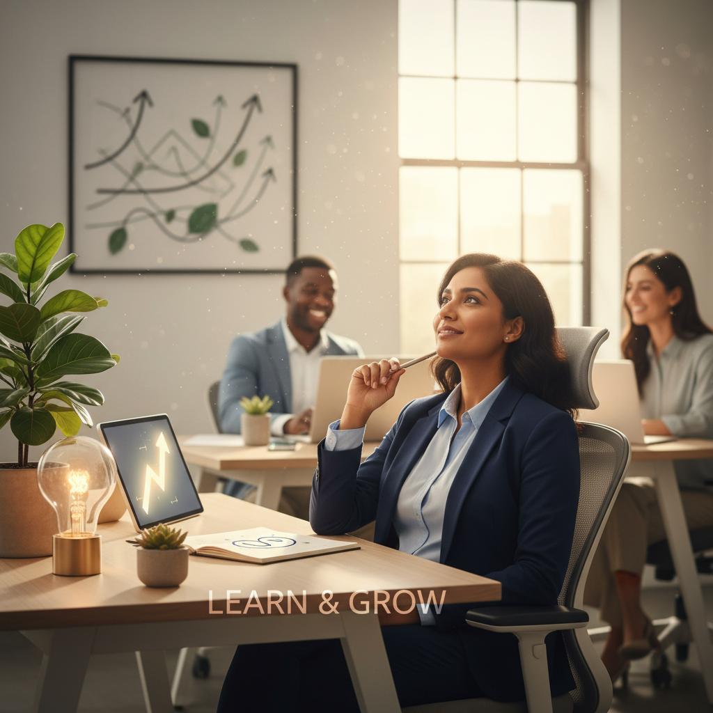 Job candidate reflecting after an interview, surrounded by growth symbols
