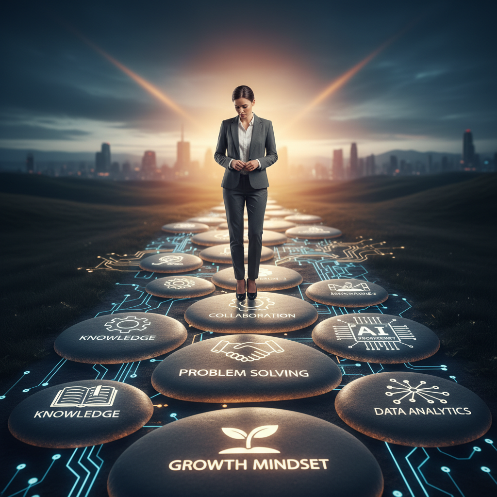 Jobseeker auf einem leuchtenden Karriereweg, jeder Schritt symbolisiert Kompetenz und Wachstum