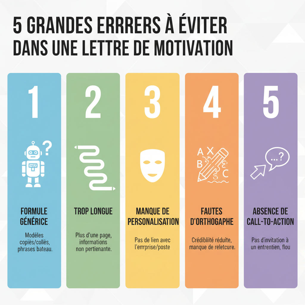 Infographie montrant les 5 principales erreurs à éviter dans une lettre de motivation moderne