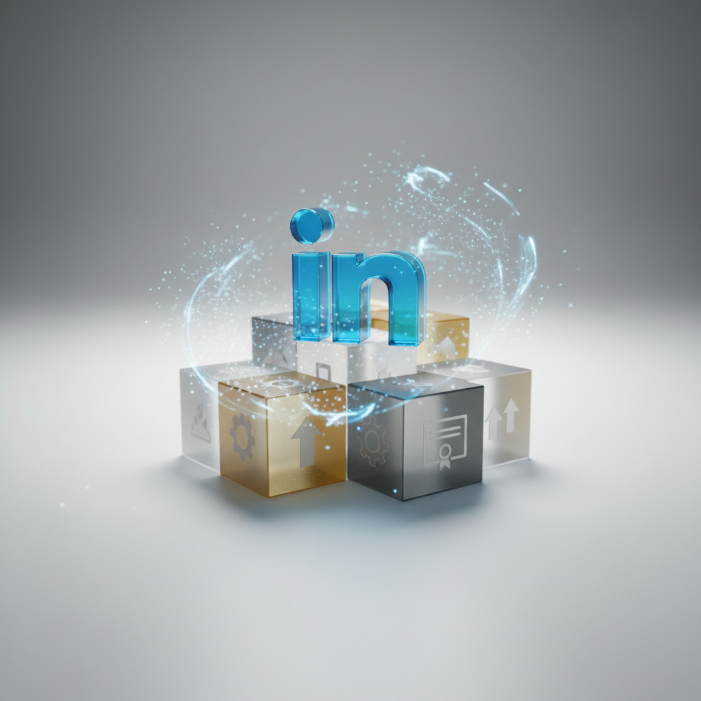 Polished LinkedIn icon on interlocking cubes, glowing with digital networking energy