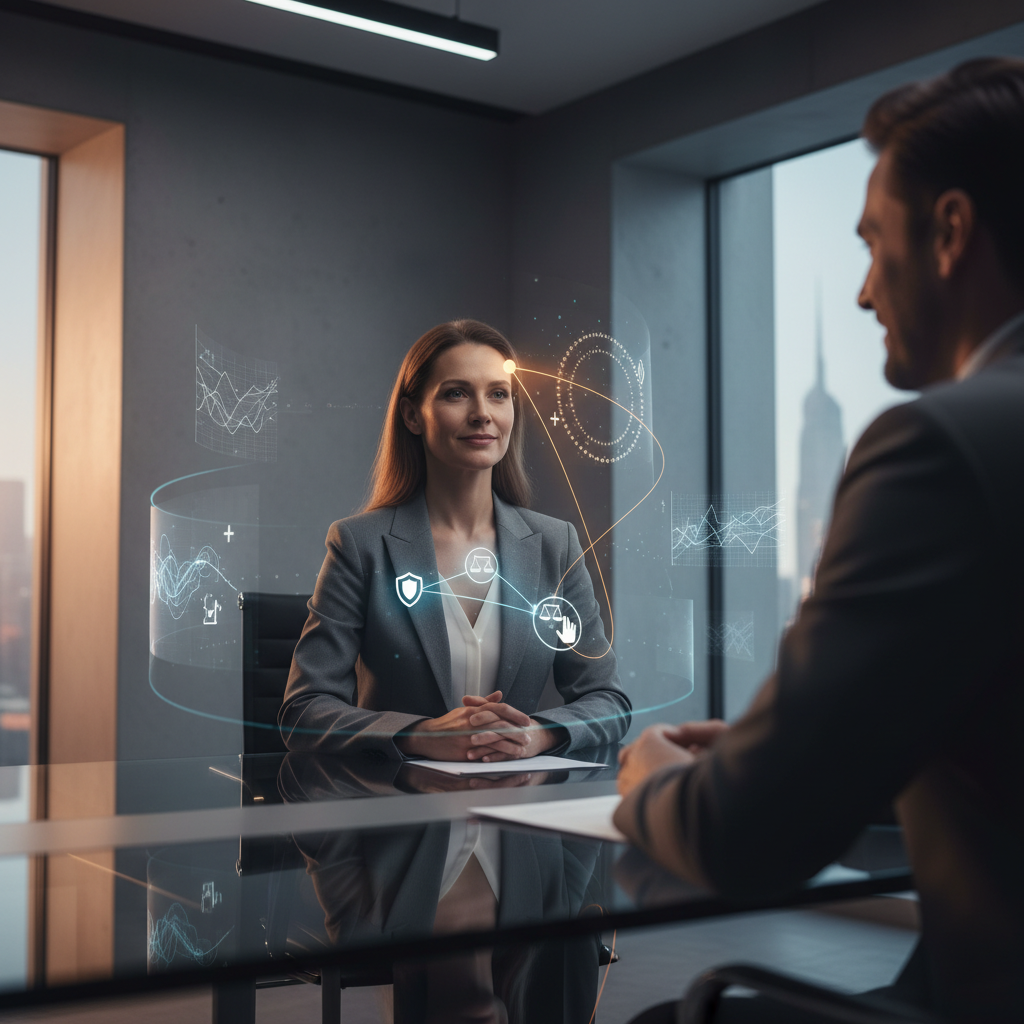 Job candidate confidently articulating their core values during an interview, surrounded by analytical overlays representing integrity and authenticity