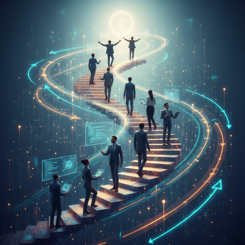 Ascending the LLM Interview Ladder: from novice to expert through glowing data blocks and AI guidance