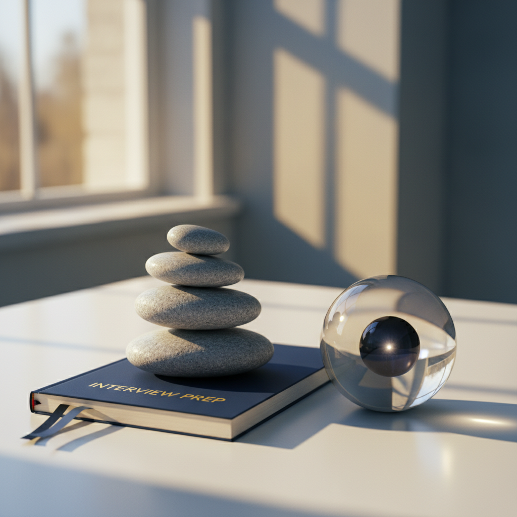 Stacked stones, AI orb, and interview prep notebook symbolizing clarity in goal setting