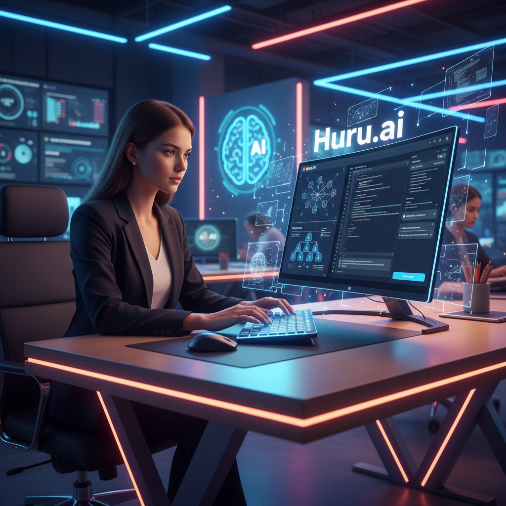 A candidate practicing machine learning interview questions using Huru.ai’s AI-powered platform in a modern workspace, visualizing instant feedback and technical concepts
