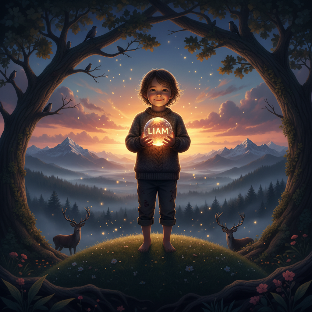 Child on sunrise hill holding glowing crystal orb with their name, symbolizing pride and connection to nature through personalized gifts