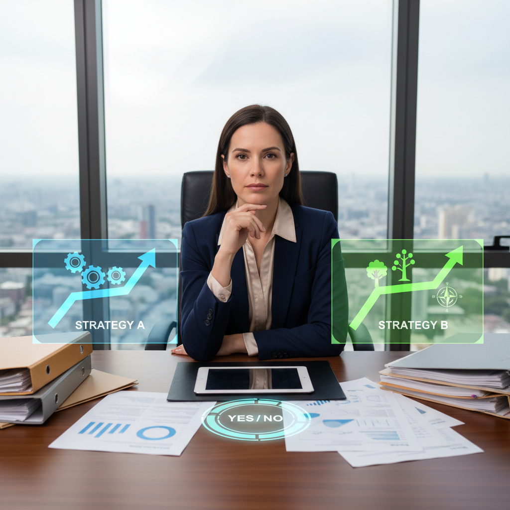 A professional weighing two important options at their desk, reflecting a challenging decision-making process