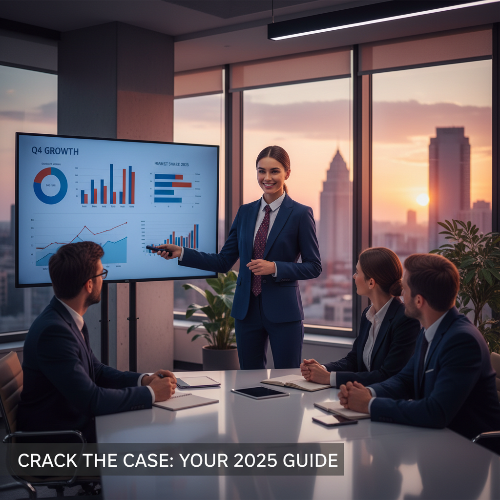 A confident management consultant candidate presenting a case analysis to an interview panel in a modern office setting, with charts and data visuals in the background.