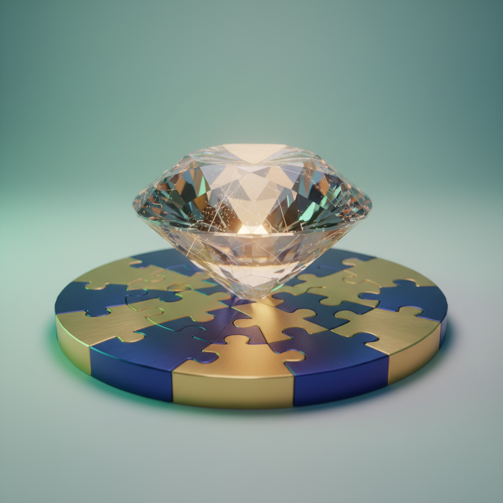 La marca personal simbolizada con una gema brillante sobre piezas de puzzle doradas y azules