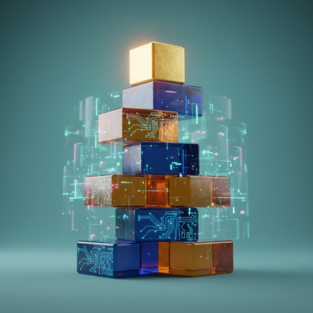 Stacked glowing blocks symbolizing mastery of marketing frameworks