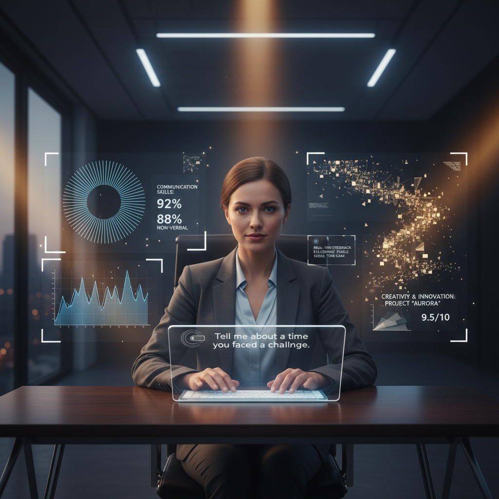 A professional workspace scene: job seeker practicing marketing interview questions with creative analytical overlays and AI feedback.