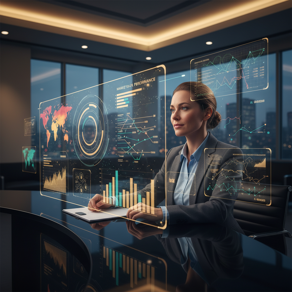 Marketing manager preparing for strategic interview in a high-tech office, reviewing dashboards and marketing analytics