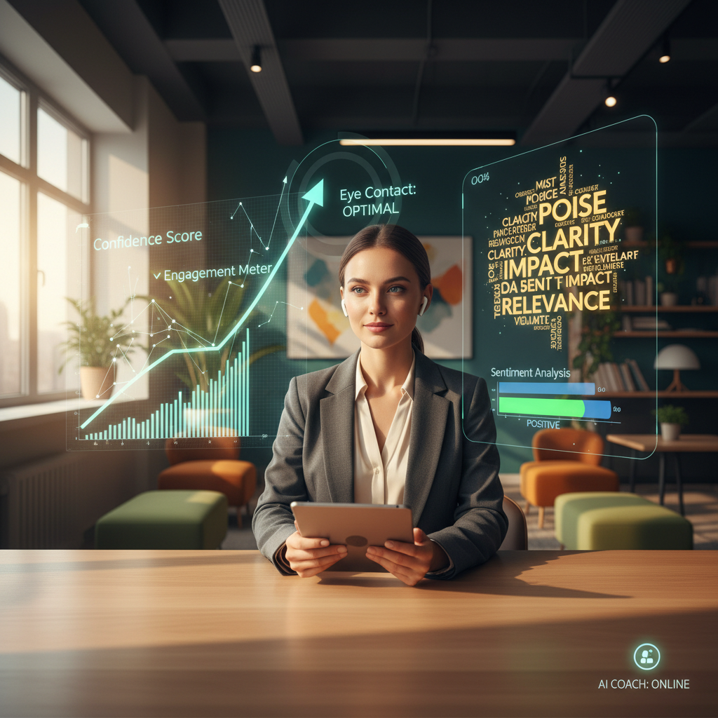 Job seeker prepares for a media relations interview, surrounded by AI-powered analytics and feedback in a modern workspace