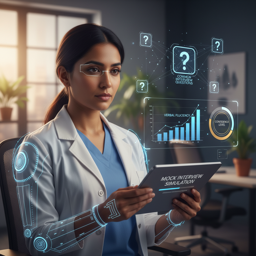 Medical assistant practicing mock interview with AI feedback overlays