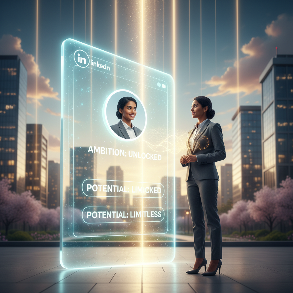 Profesional ante un perfil de LinkedIn brillante, símbolo de oportunidades laborales