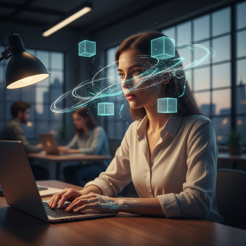 Jobbewerber erkennt mentale Blockaden während Interview-Vorbereitung, symbolisiert durch holografische Würfel