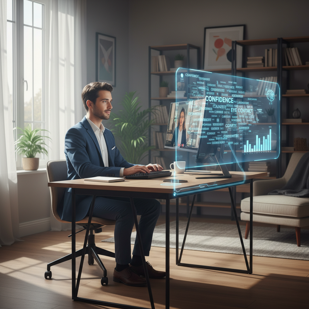 Jobbewerber übt im Home Office mit digitalem KI-Feedback – visuelle Darstellung mentaler Stärke
