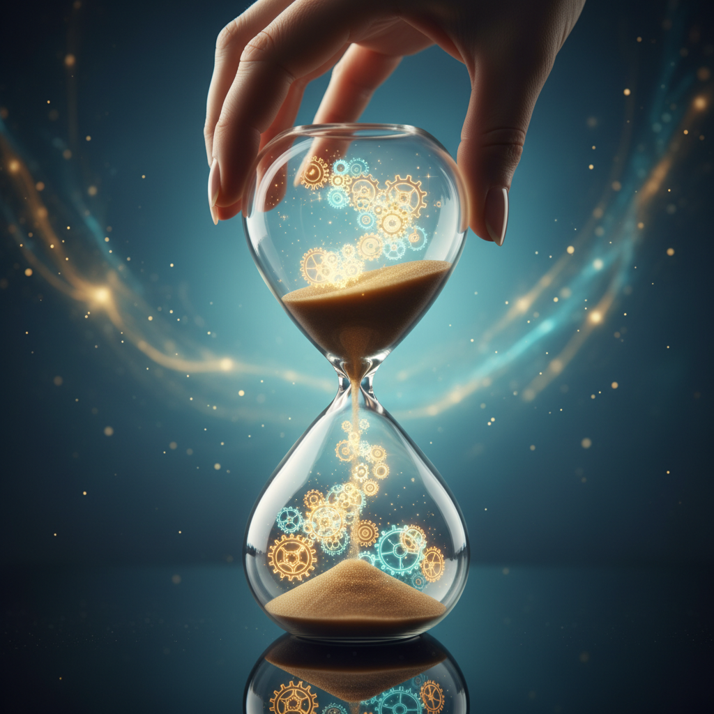 Mindset-Shift vor dem Interview – Sanduhr verwandelt sich in aufsteigende Zahnräder
