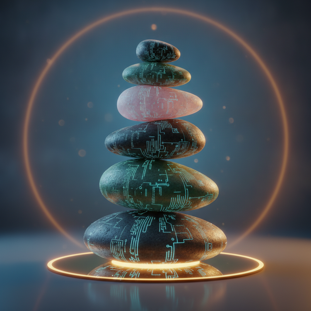 Piedras pulidas apiladas con patrones digitales, simbolizando equilibrio y preparación mental profesional