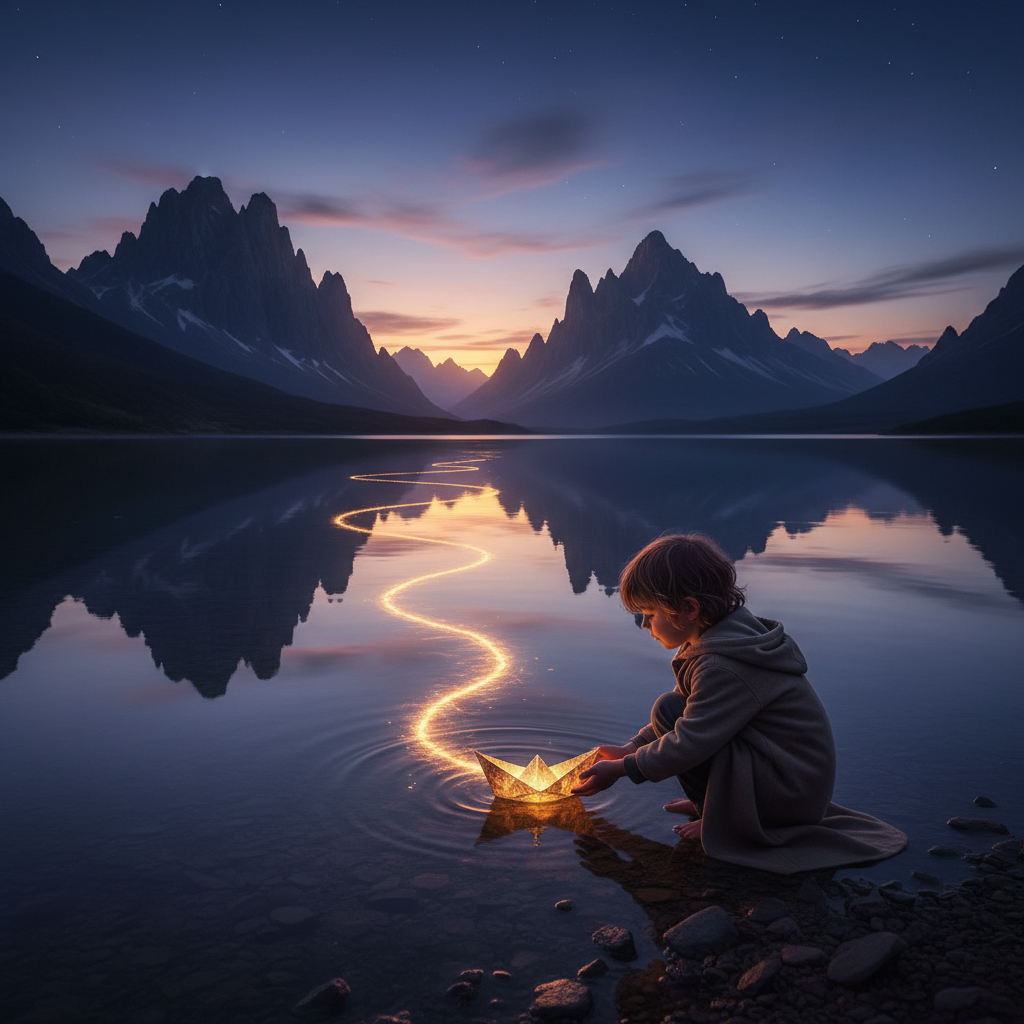 A child releasing a glowing paper boat symbolizing a grandparent’s message set on a lifelong journey