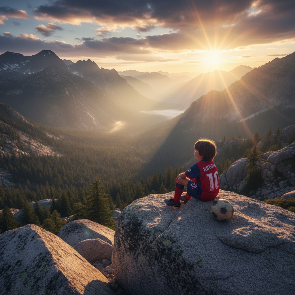 Child athlete reflecting in a scenic sunrise valley, symbolizing hope after sports disappointment