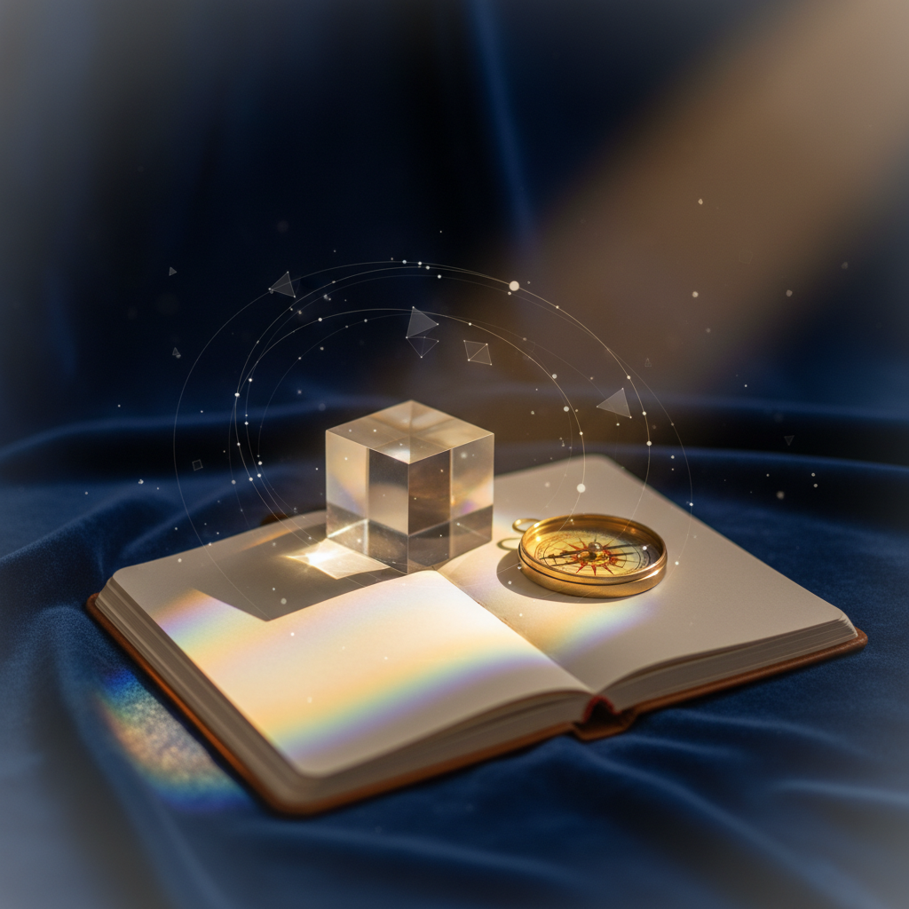 Still life of objects symbolizing product sense for Meta interview prep: prism, compass, notebook and data particles