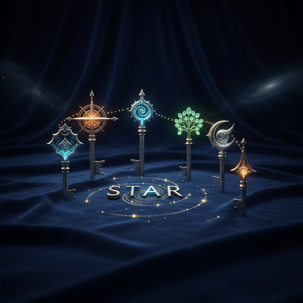 Une collection de clés métaphoriques illustrant différentes amorces STAR, disposées comme des opportunités pour raconter son histoire en entretien.