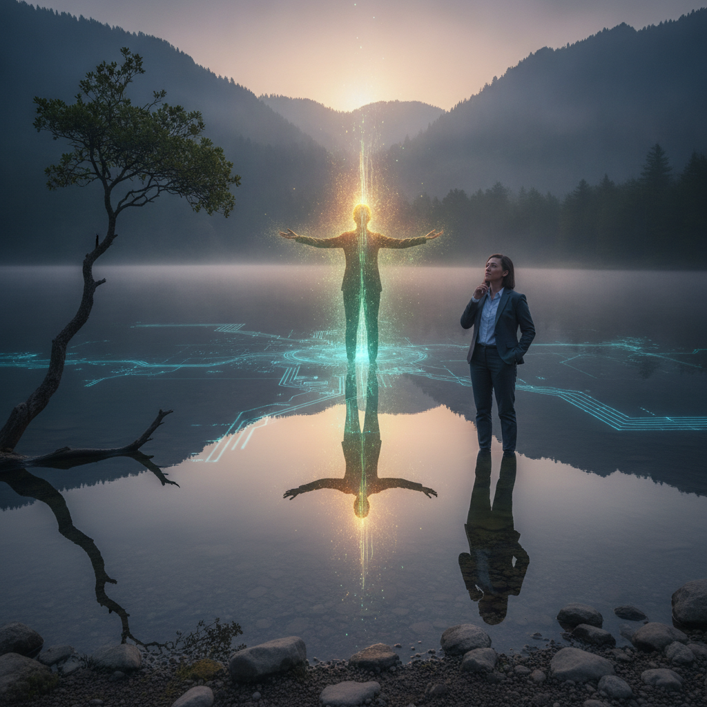 Reflejo de una persona en un lago al amanecer, simbolizando el potencial oculto y el miedo al cambio