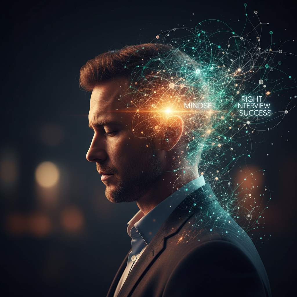 Portrait eines reflektierten Professionals, dessen Silhouette mit leuchtenden neuronalen Mustern verschmilzt – Symbol für Mindset-Transformation im Bewerbungskontext