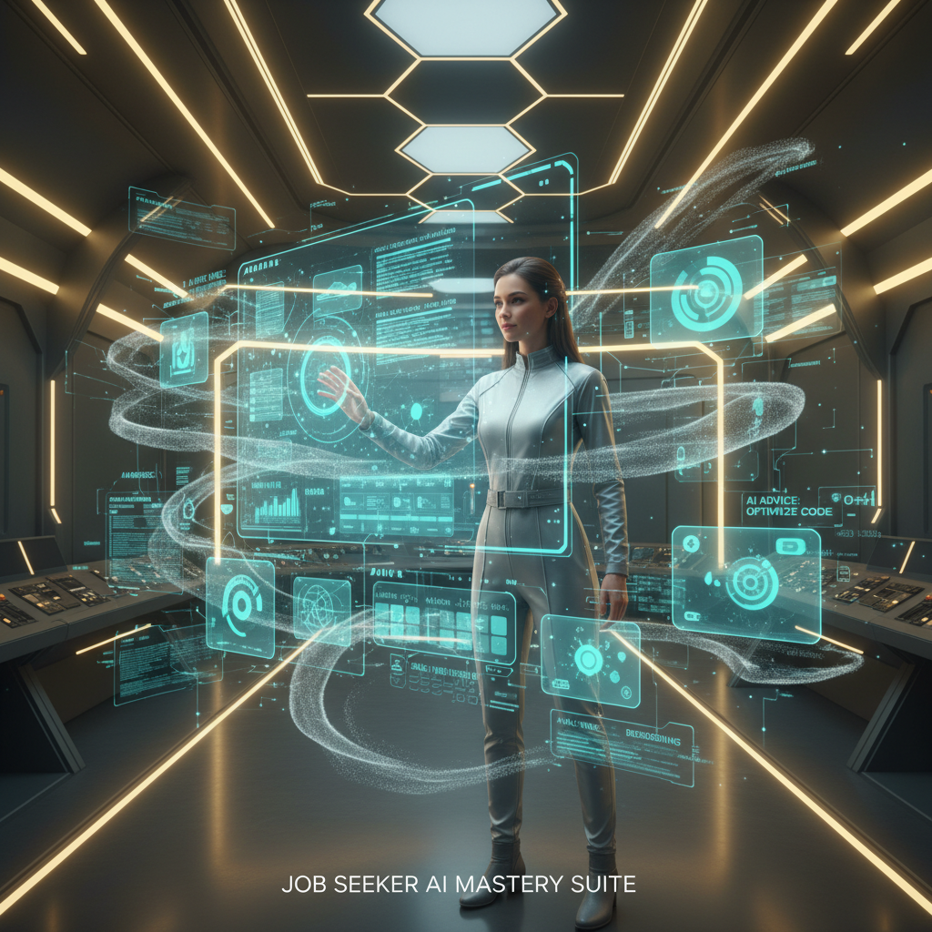 A mobile app developer confidently solving technical questions in a futuristic, AI-driven workspace.