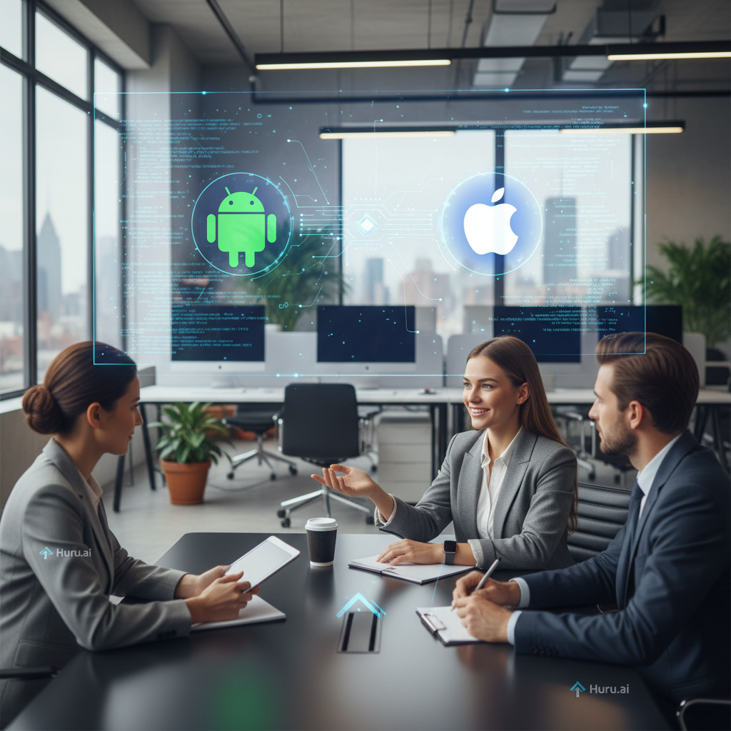 A mobile app developer confidently answering interview questions in a modern tech office, digital elements for Android and iOS, and subtle Huru.ai branding