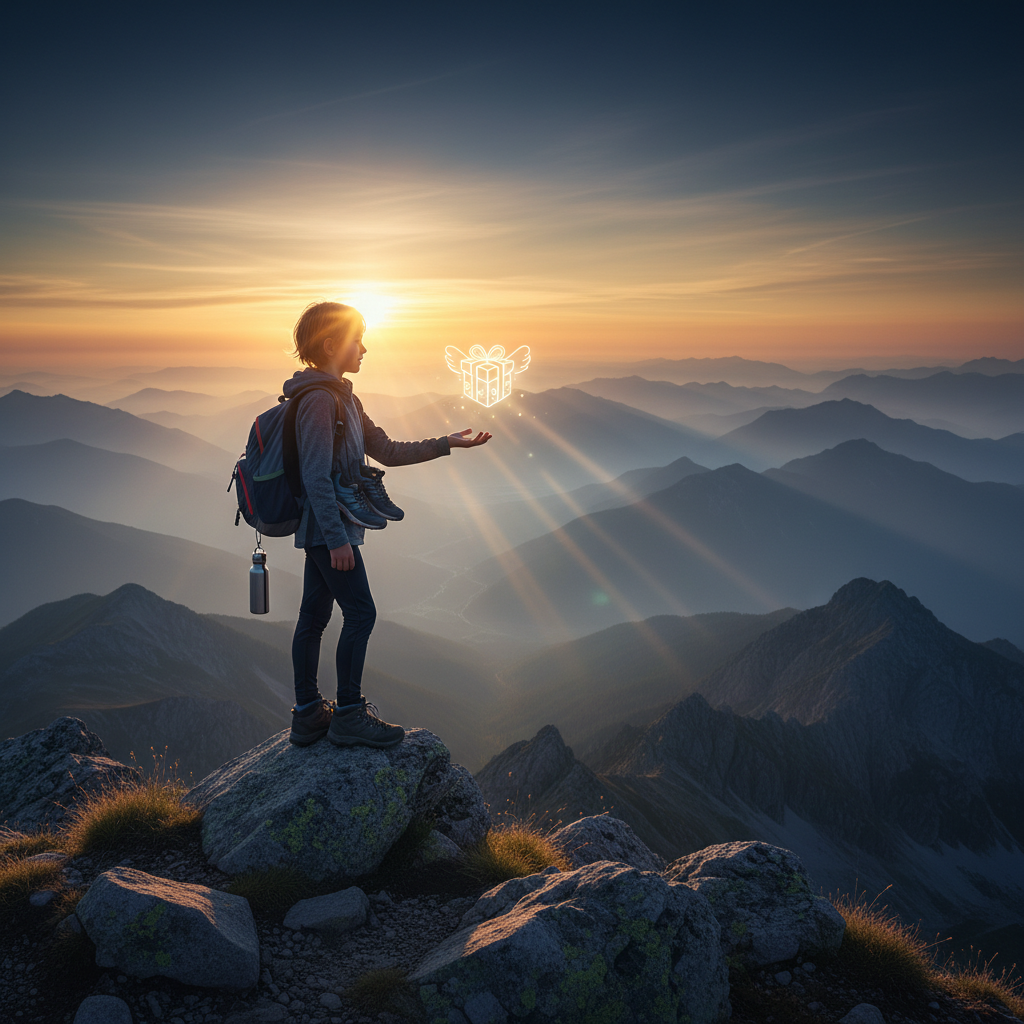A child athlete stands atop a sunrise-lit mountain, reflecting the limitless potential and encouragement gained from motivational gifts for kids in sports.