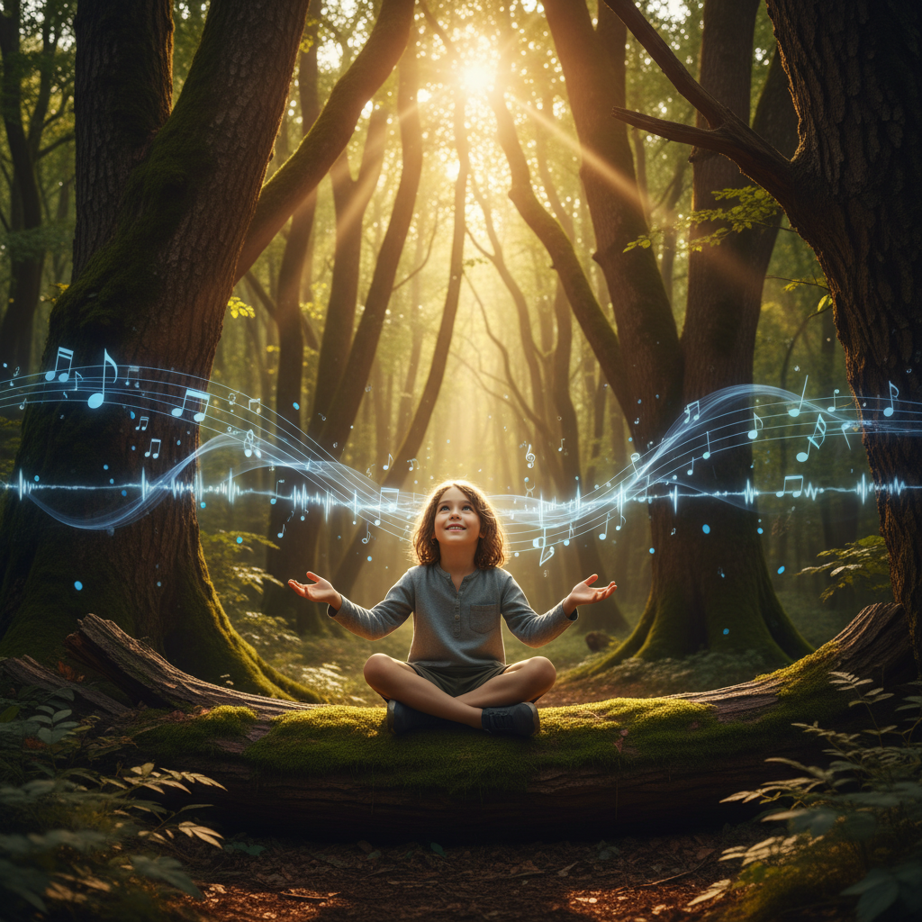 A child in a sunlit forest surrounded by floating musical notes, symbolizing how rhythm boosts memory and learning