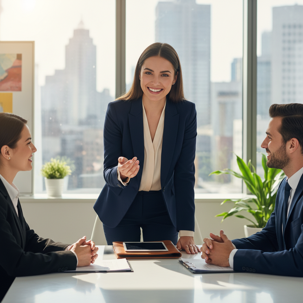 Confident job candidate acing an interview with strong body language and engagement in a modern office