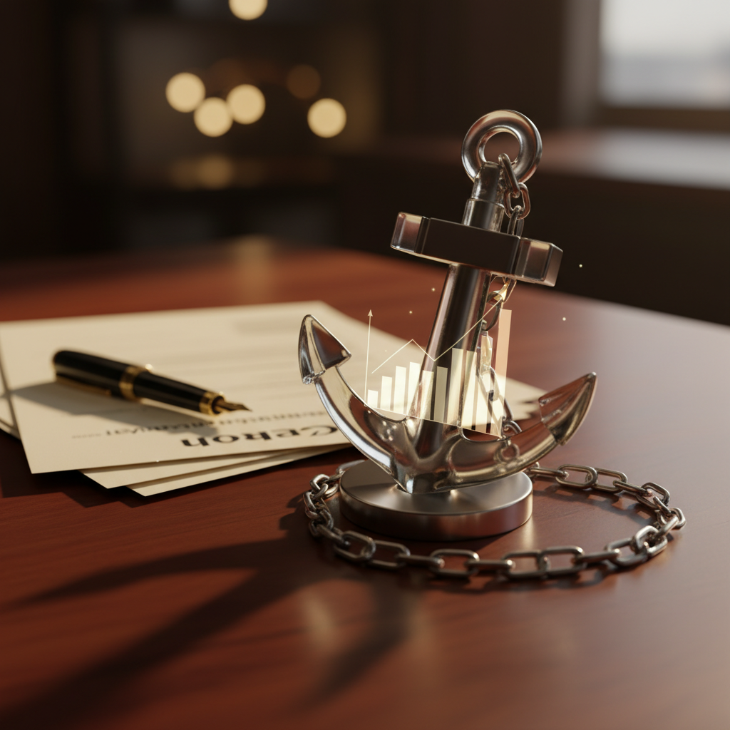 Anchoring in salary negotiation: a crystal-clear anchor on a polished desk symbolizing strong negotiation foundations.