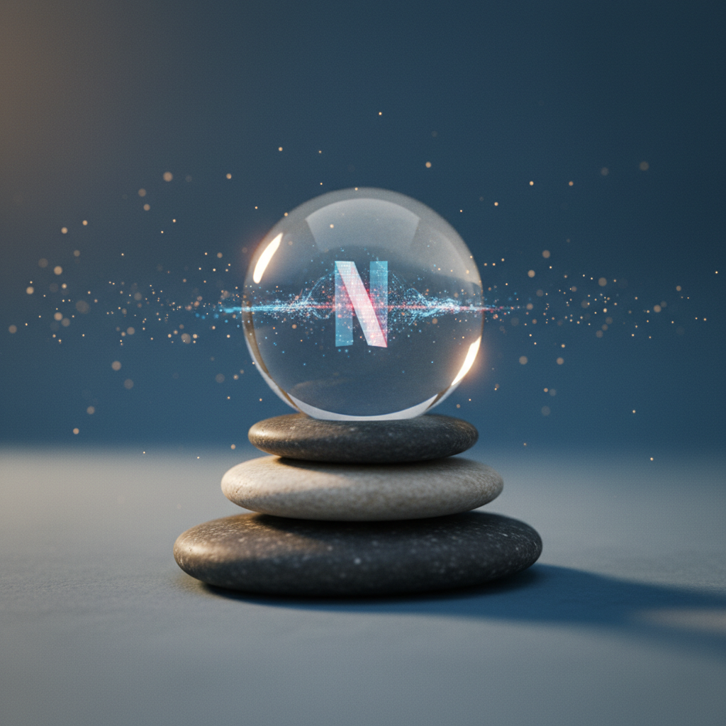 Symbolic representation of Netflix culture fit: glass sphere for transparency atop stones for stable values, Netflix-style data stream reflection.