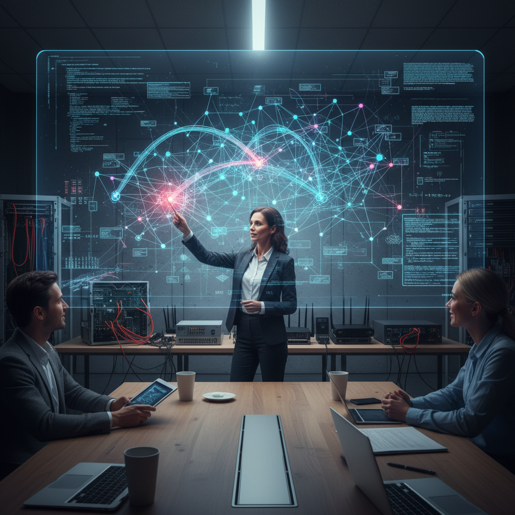 A network engineer troubleshooting a complex digital network diagram during a technical interview
