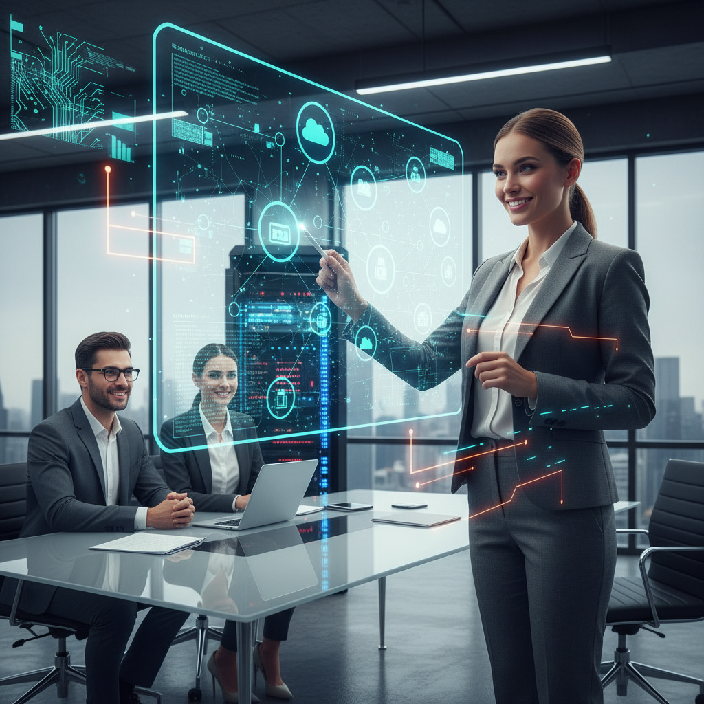 Candidate confidently answering networking interview questions with technology diagrams in the background