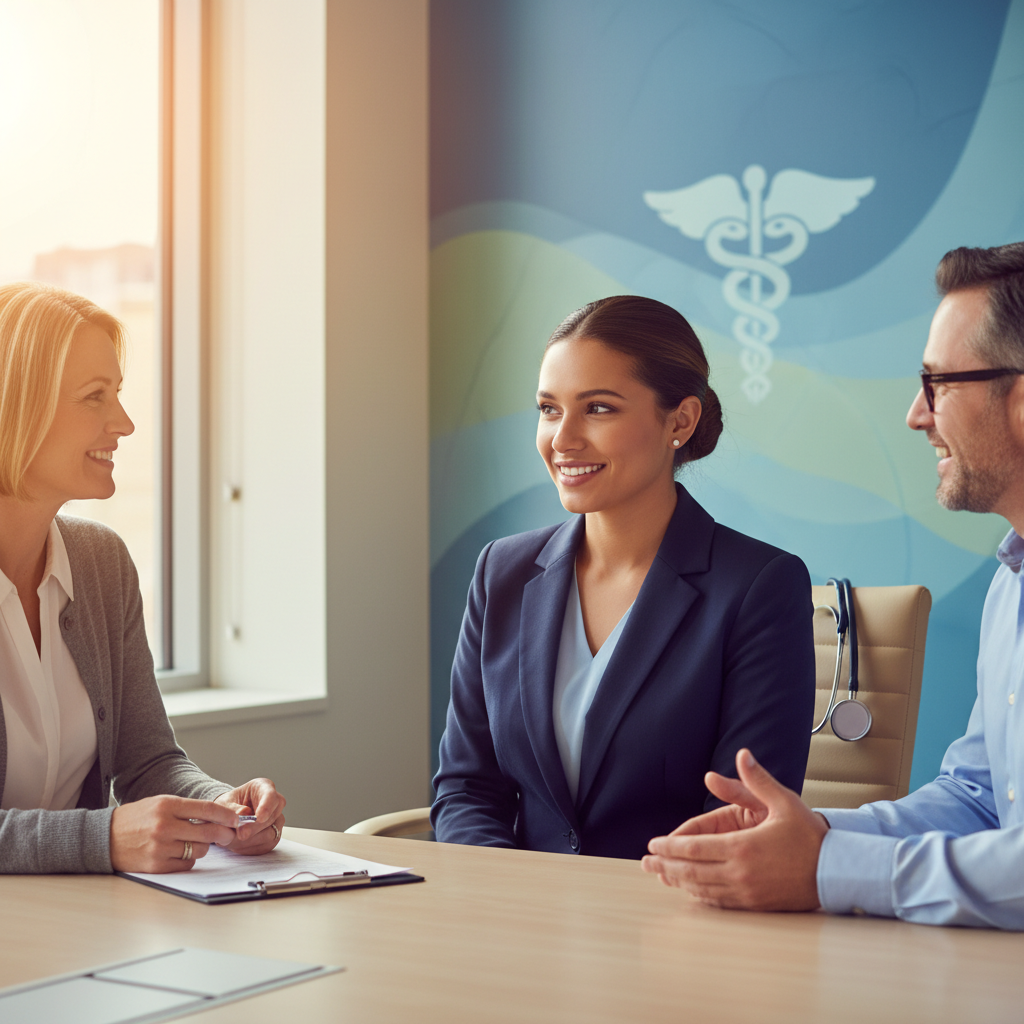 Confident new grad nurse in interview with hospital managers, smiling and making eye contact