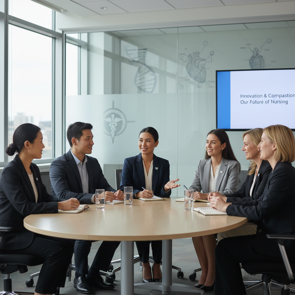 Nurses confidently participating in a panel interview, showcasing professionalism and empathy in a modern healthcare setting.