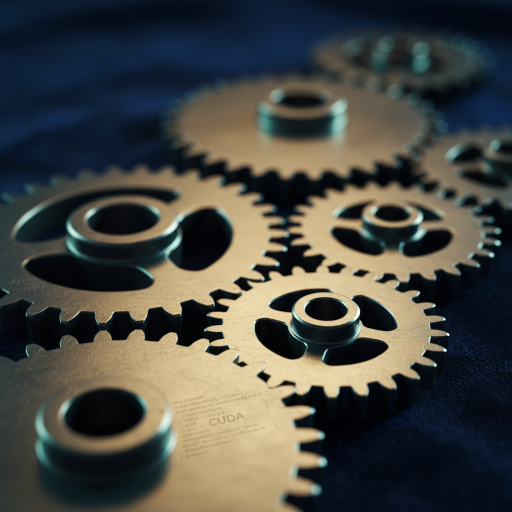 Metaphorical image of gears with CUDA code, symbolizing optimized NVIDIA systems and mastery