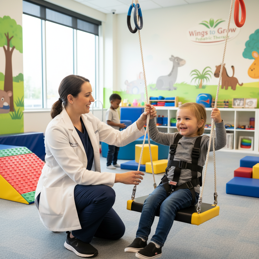 Occupational therapist engaging with a pediatric patient in a therapy clinic, demonstrating hands-on intervention and compassion