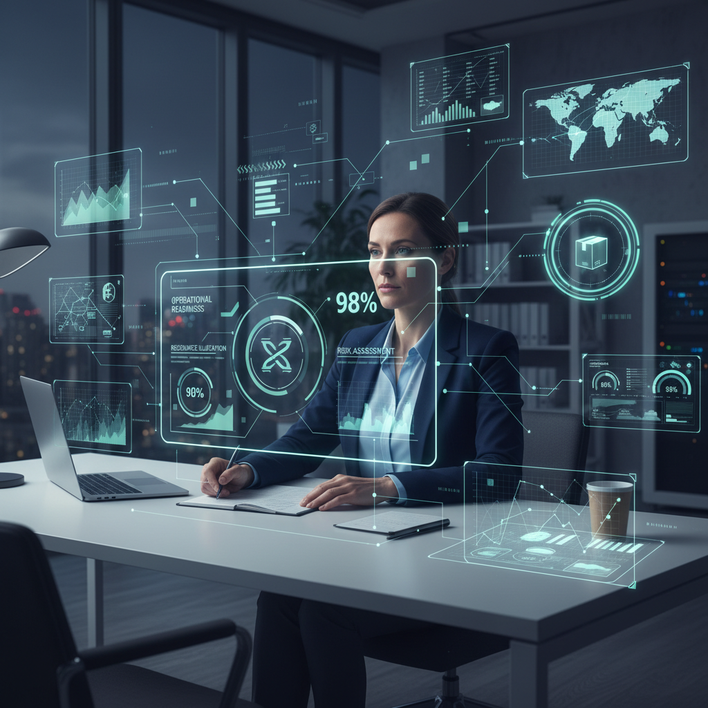 Operations manager analyzing digital dashboard with data-driven insights in a modern office