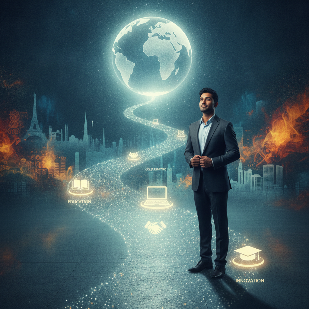 Profesional emprende su viaje global con un CV optimizado, camino iluminado por logros destacados y horizontes internacionales